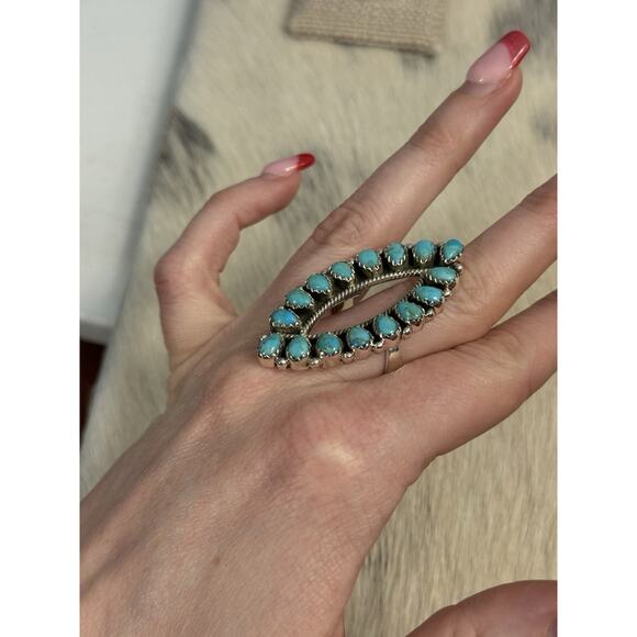 KALIFANO | Kingman Turquoise Petit Point Native American  Sterling Silver Blue Turquoise Petit Point Tear Drop Open Ring Adjustable 925